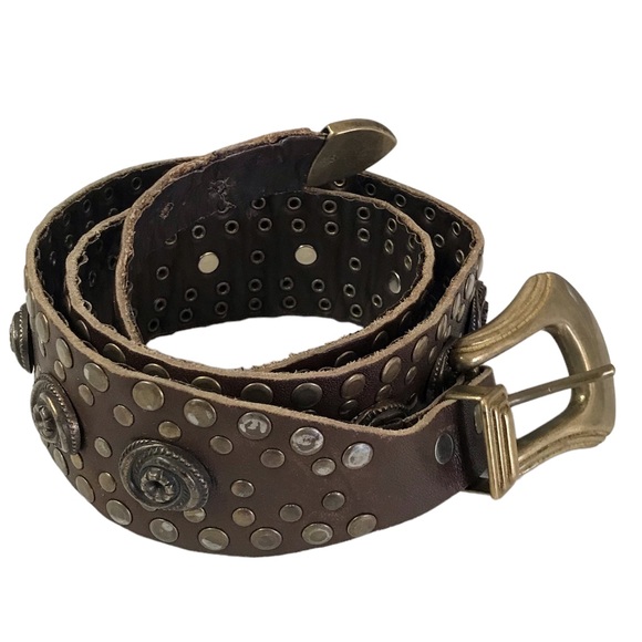 Studded Rosette Belt Brown Leather Brass Color Hardware Rustic Distressed - Picture 14 of 15